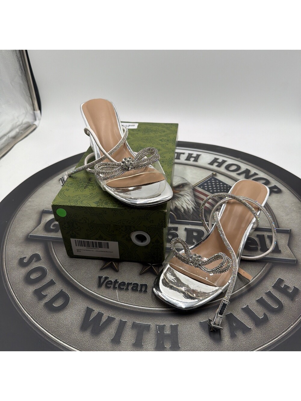 Women's Double Bowknots Crystal Sandals Clear Slingback Heels Square Toe Size 6